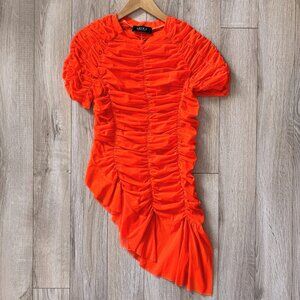 AKIRA Rory Ruched Mesh Asymmetrical Short Sleeve T-shirt Orange Womens Large Y2K